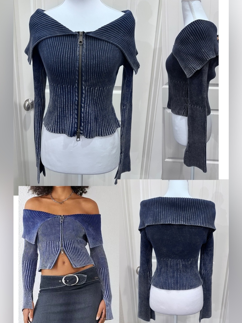NWT Navy Off theShoulder Ribbed Knit 2 Way Zip-Up Stretch Cardigan Split Cuff XL